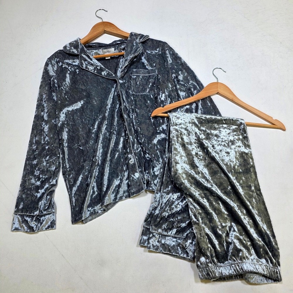 Nicole Miller New York Pajama Set Womens Medium Gray Crushed Velvet Loungewear